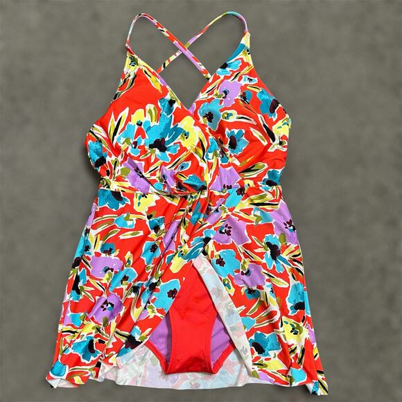 Anne Cole One Piece Swimsuit 6 Abstract Floral Swim Beach Cruise Resort NEW Red - Picture 1 of 7